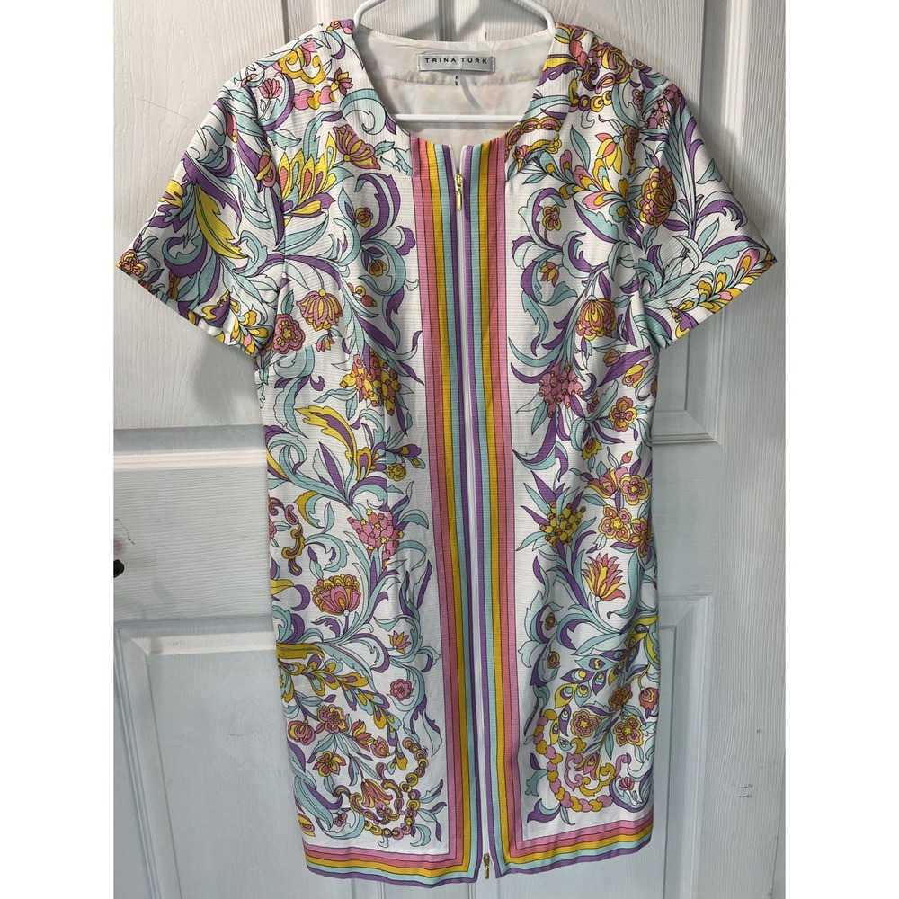Trina Turk Mini Dress Floral Short Sleeve Full Zip Front Size 8